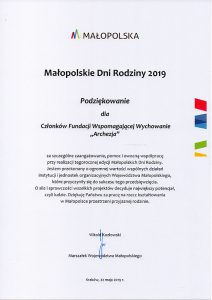Małopolskie Dni Rodziny 2019 - podziękowanie dla Fundacji ARCHEZJA